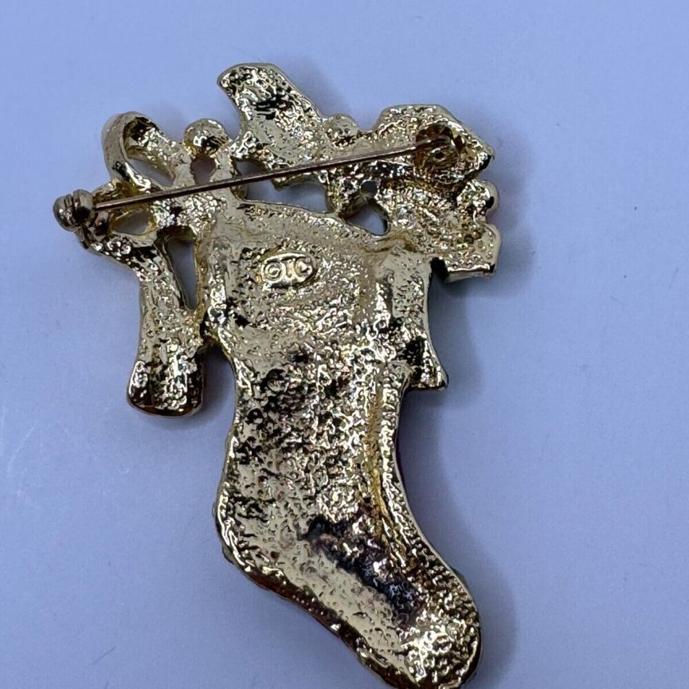 Tanya Creations Christmas Brooch Pin Stocking Holly Enamel Rhinestones 2.25 in - Picture 5 of 6